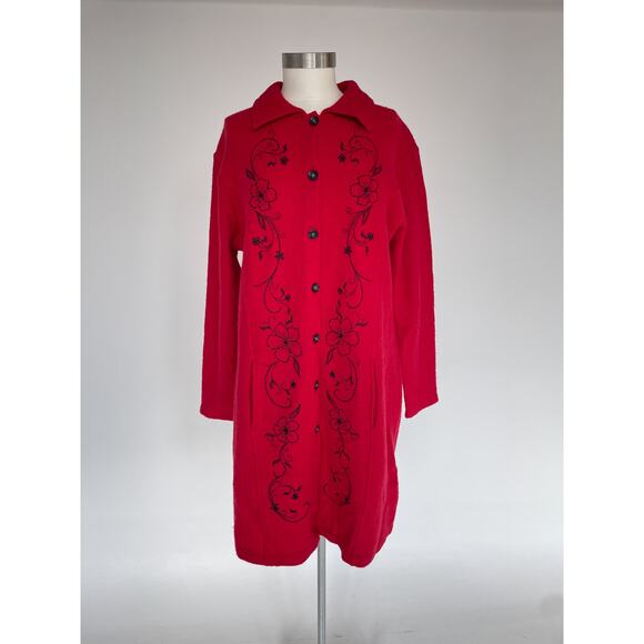 Y2K Red Wool Embroidered Knit Trench Coat  / Sz XL / Boho Long Sweater Felted - Picture 2 of 9